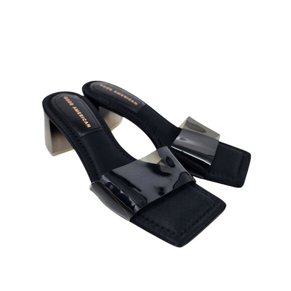 Good American Translucent Strap Square Toe Black Slides Block Heel Size 7.5 - Picture 1 of 6